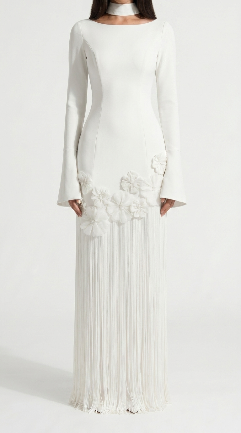 White Floral Applique Fringe Dress