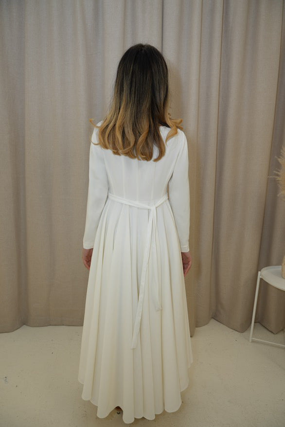 Cotton Blend Flared V Hem Dress White