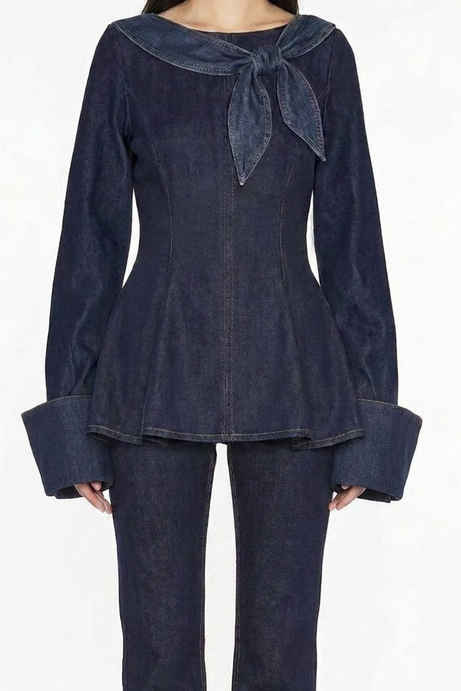 Cotton Denim Structured Peplum Top