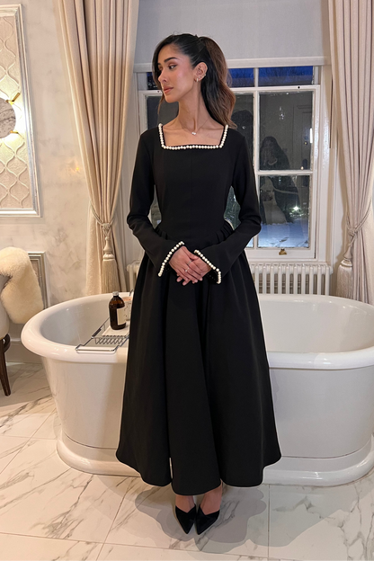Black V Hem Dress Pearl Neckline