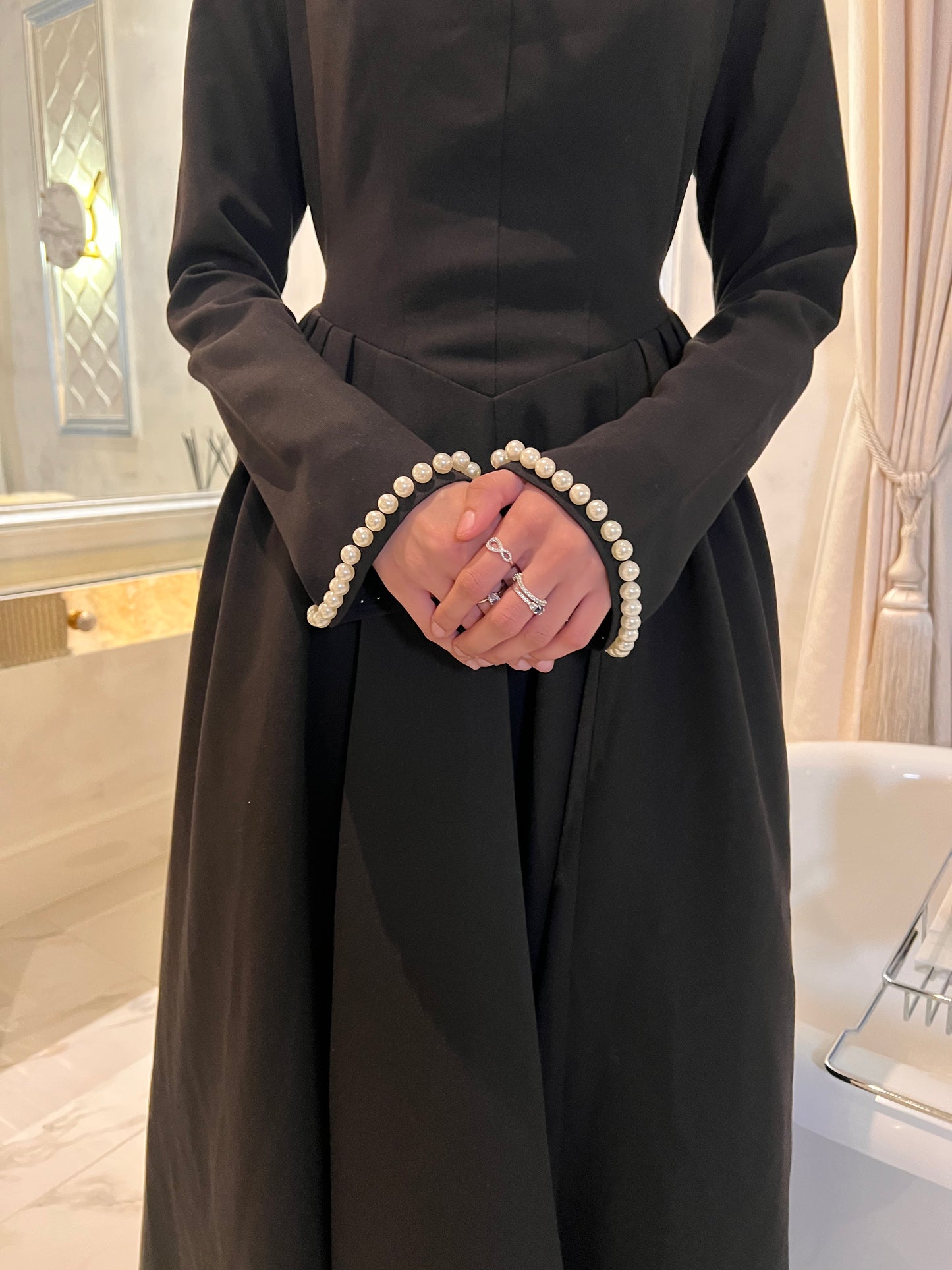 Black V Hem Dress Pearl Neckline