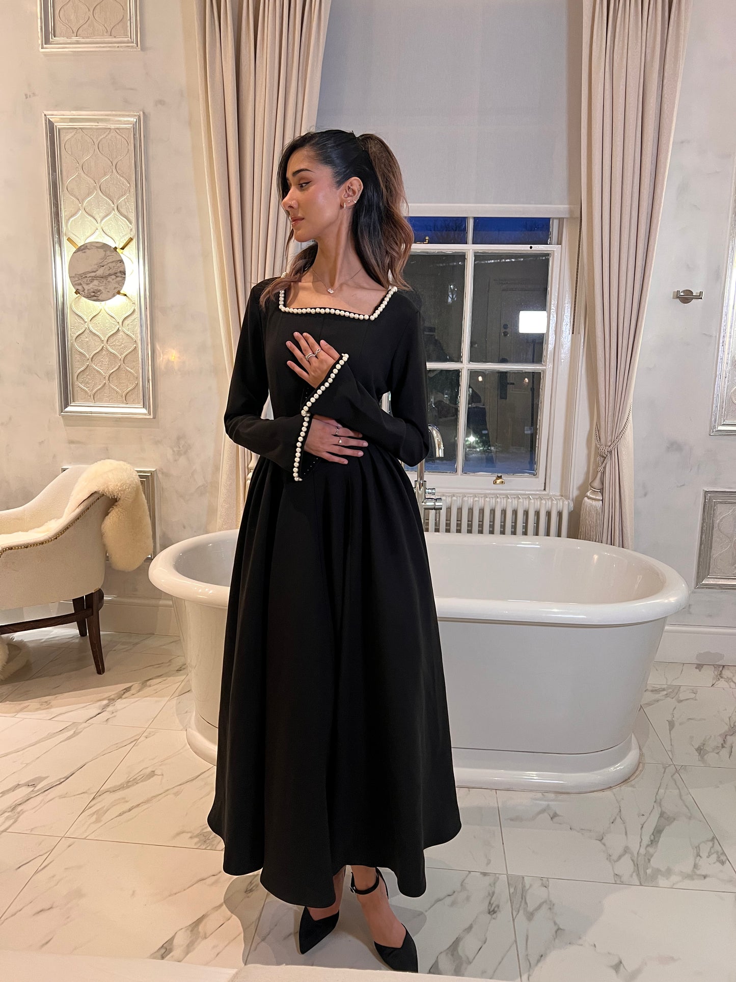 Black V Hem Dress Pearl Neckline