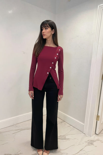 Cotton Split Hem Burgundy Top