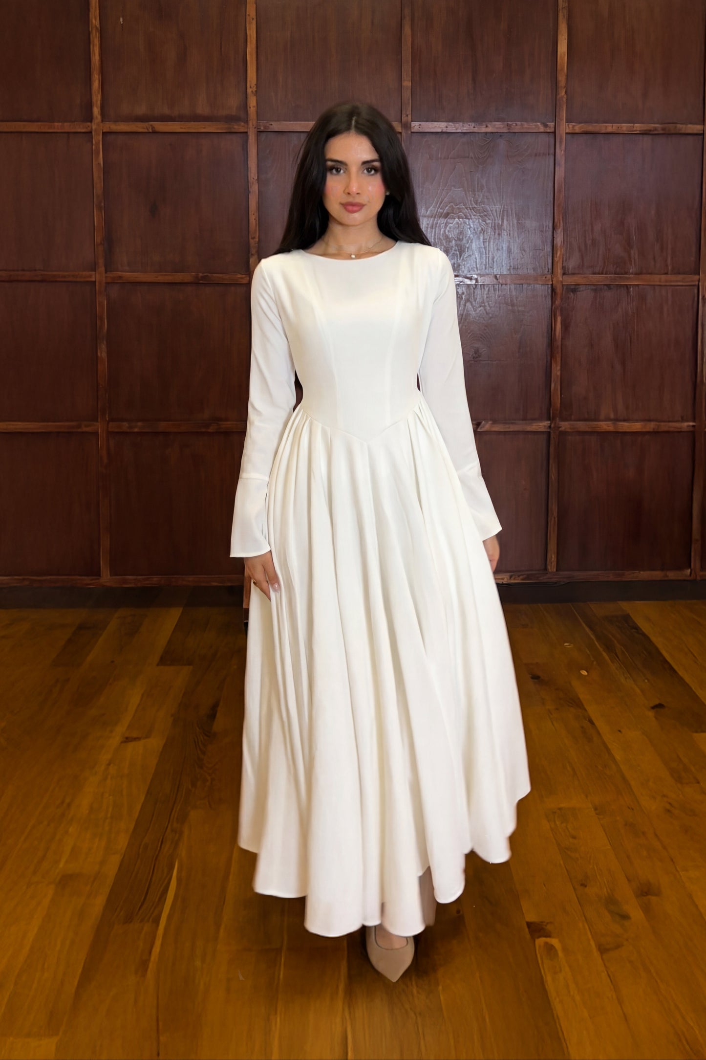 Cotton Blend Flared V Hem Dress White