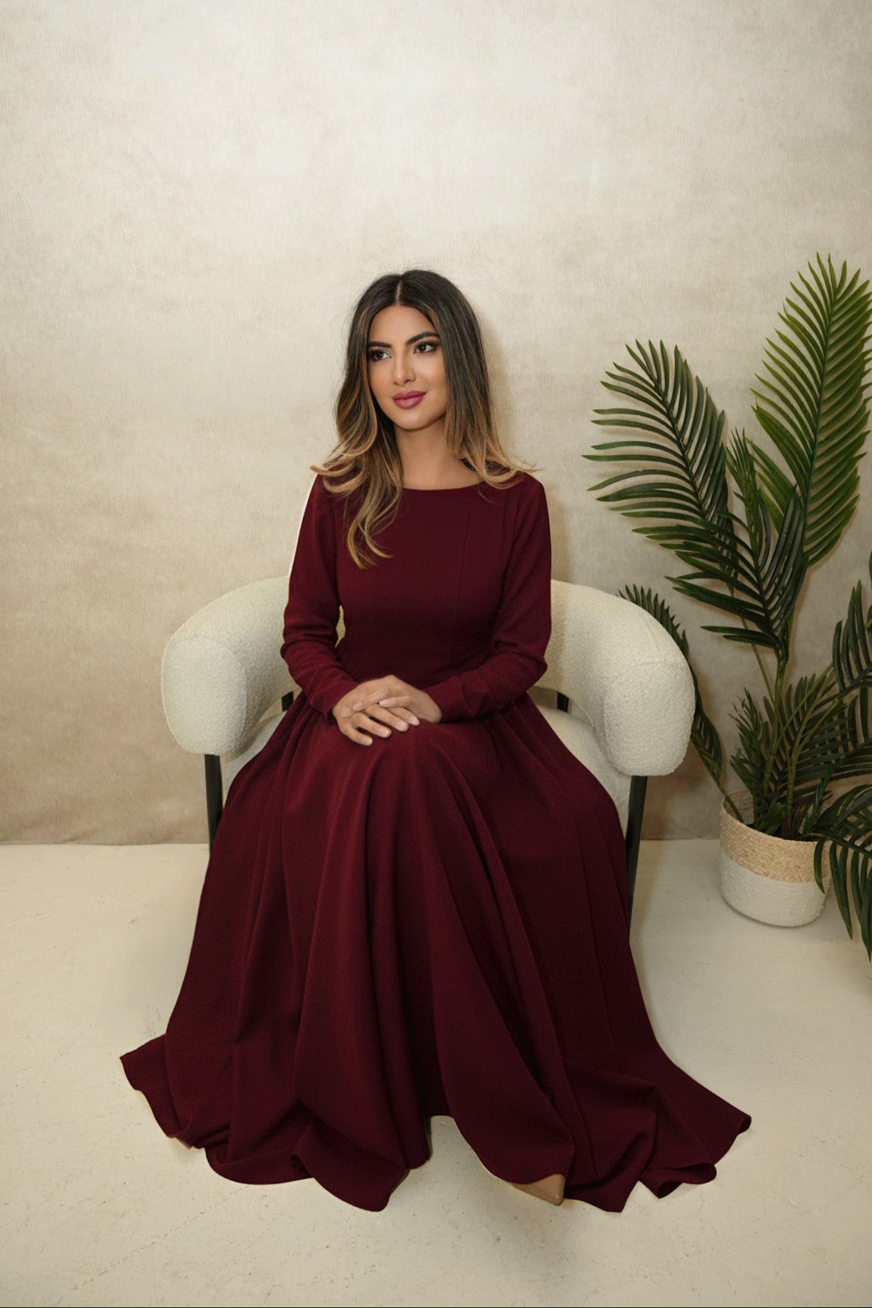 Cotton Blend Flared V Hem Dress Burgandy