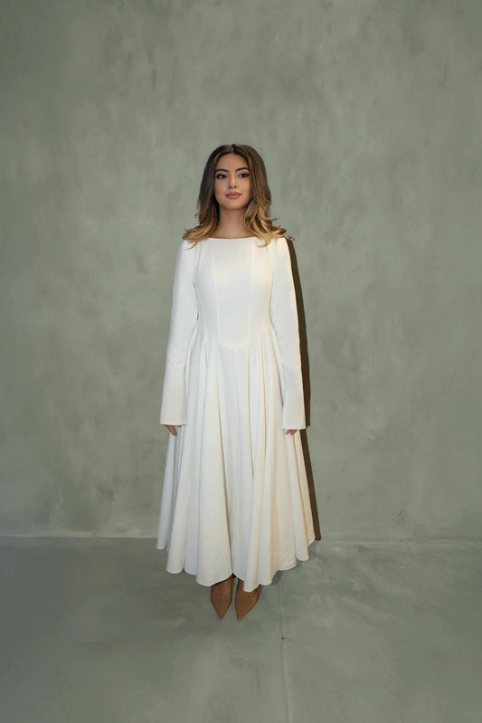 Cotton Blend Flared V Hem Dress White