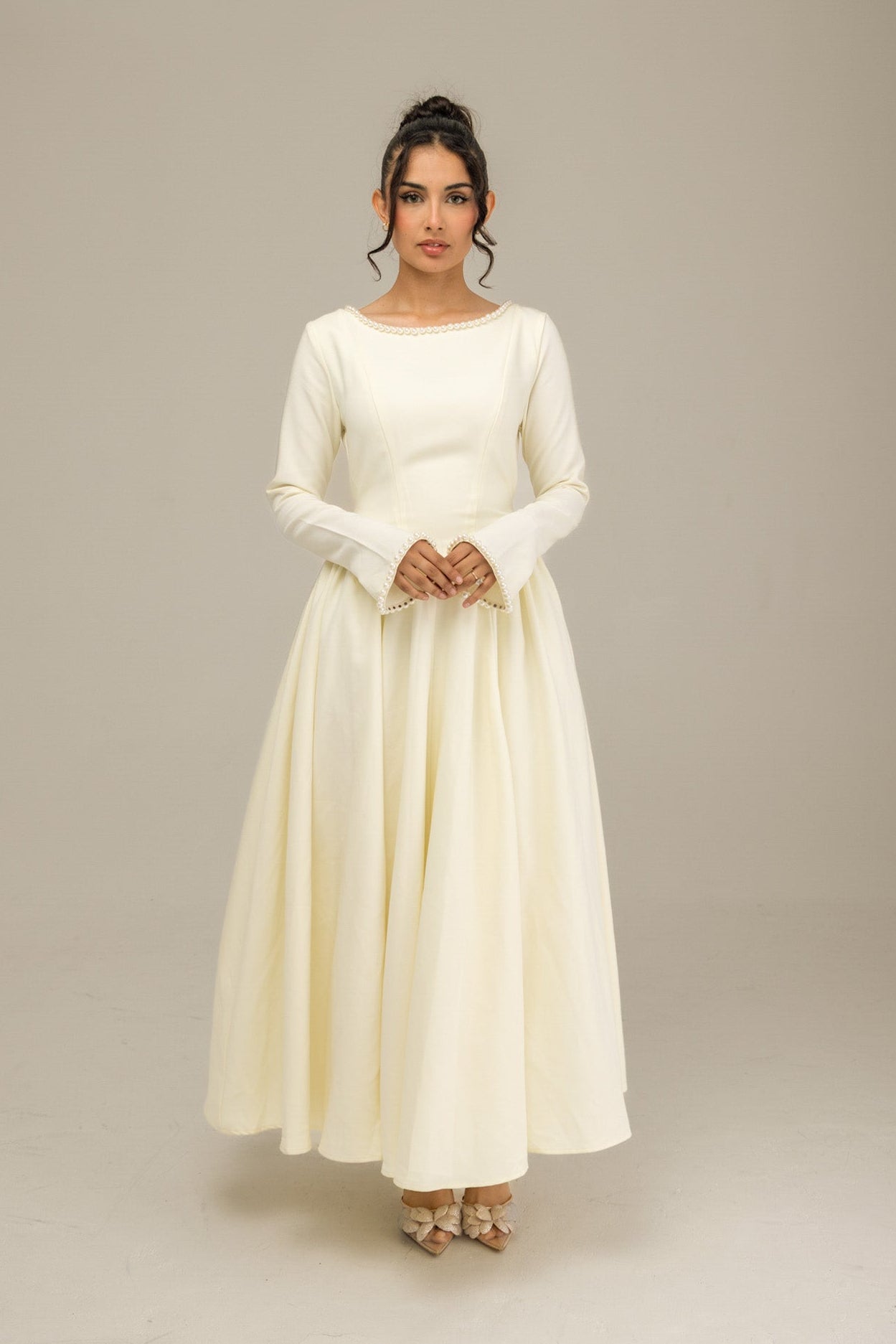 Cotton Blend Ball Gown Flared Dress Butter Cream
