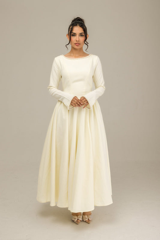 Cotton Blend Ball Gown Flared Dress Butter Cream