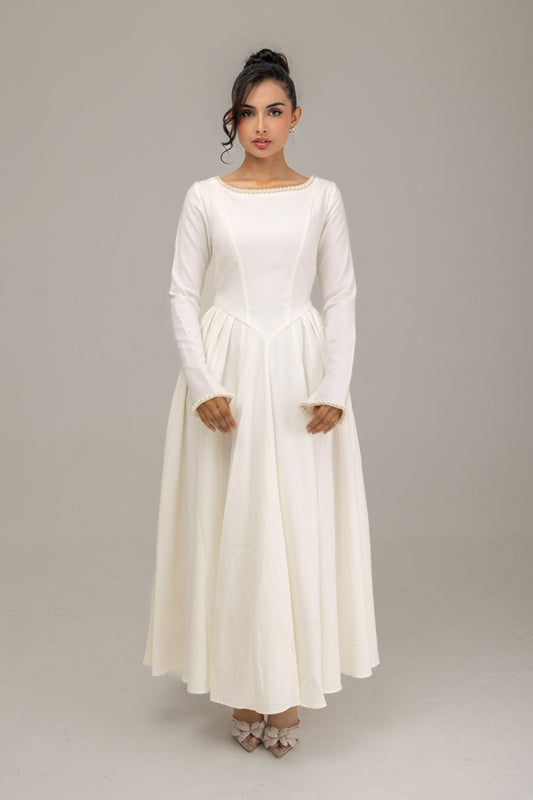 Cotton Blend Ball Gown Flared Dress White