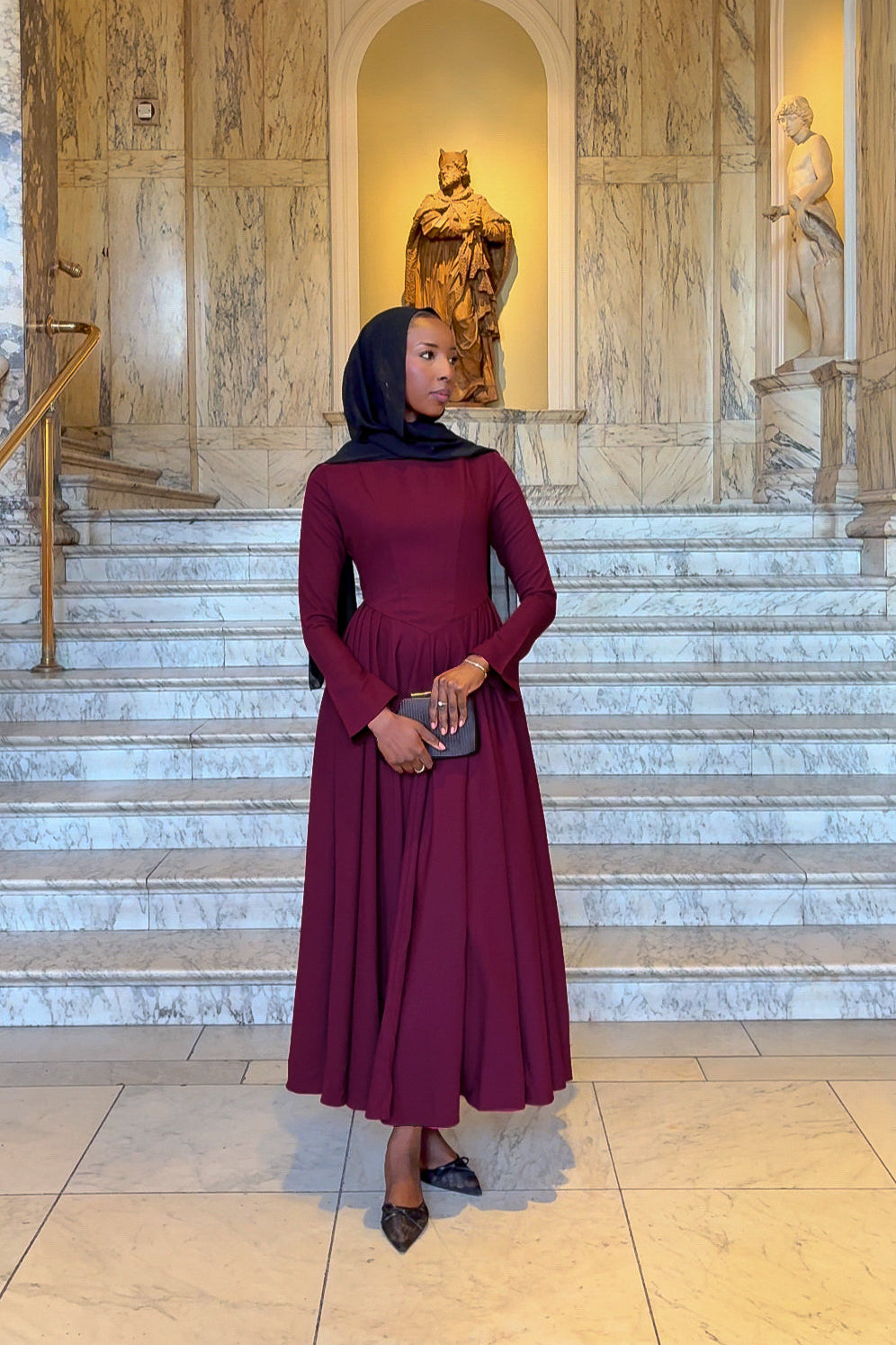 Cotton Blend Flared V Hem Dress Burgandy