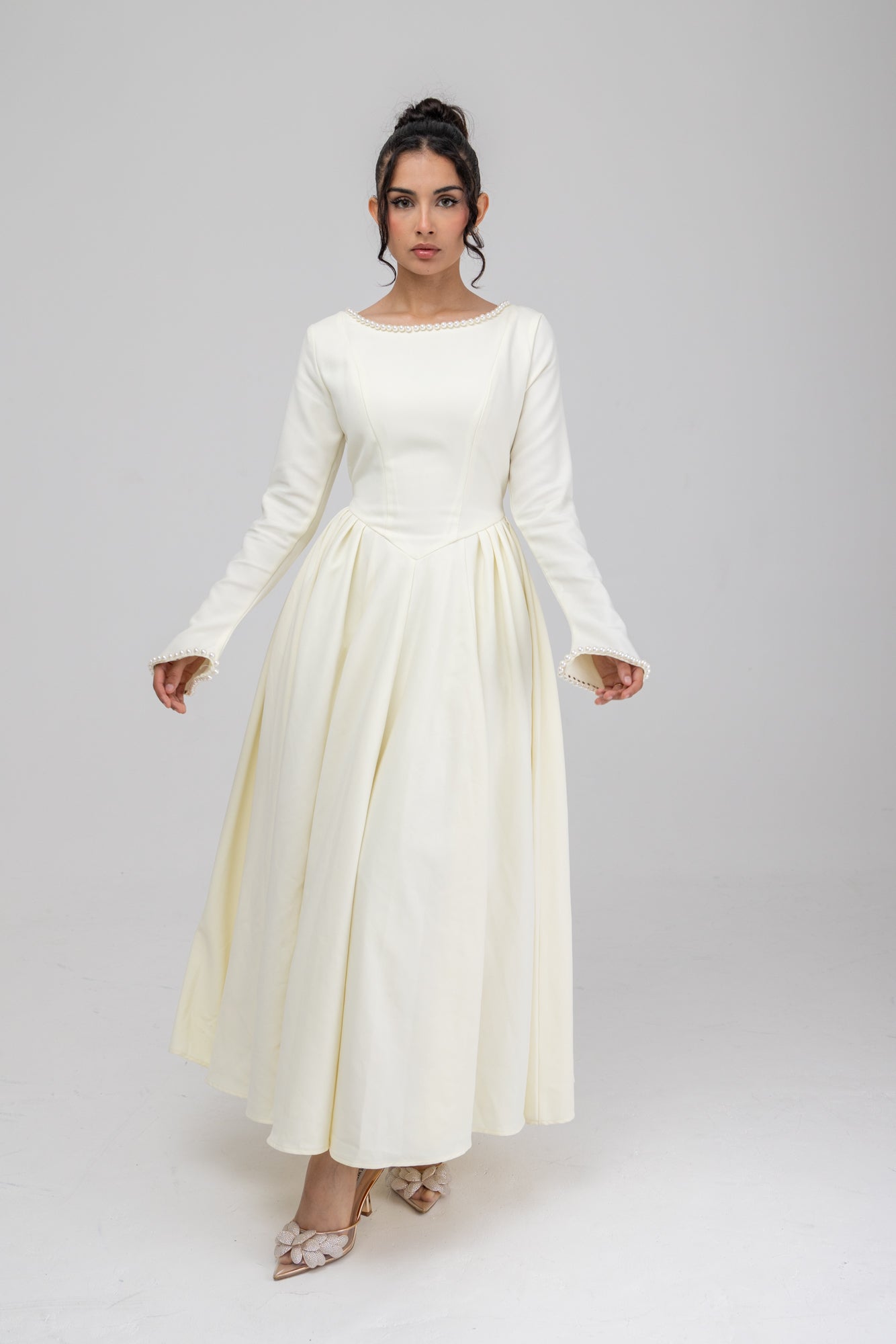 Cotton Blend Ball Gown Flared Dress Butter Cream
