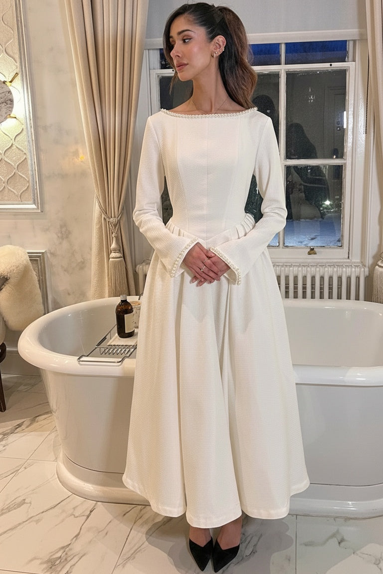 Cotton Blend Ball Gown Flared Dress White
