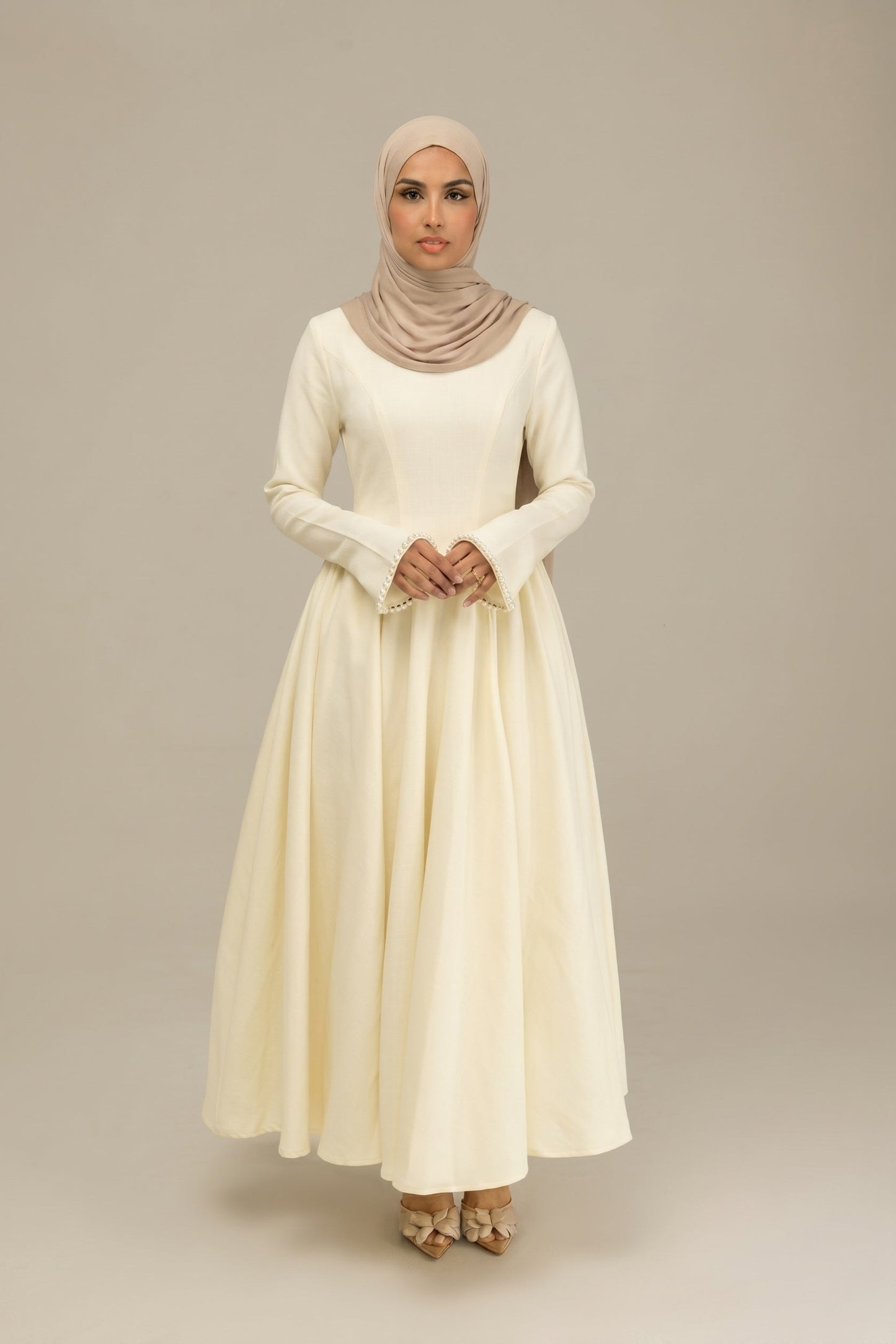 Cotton Blend Ball Gown Flared Dress Butter Cream