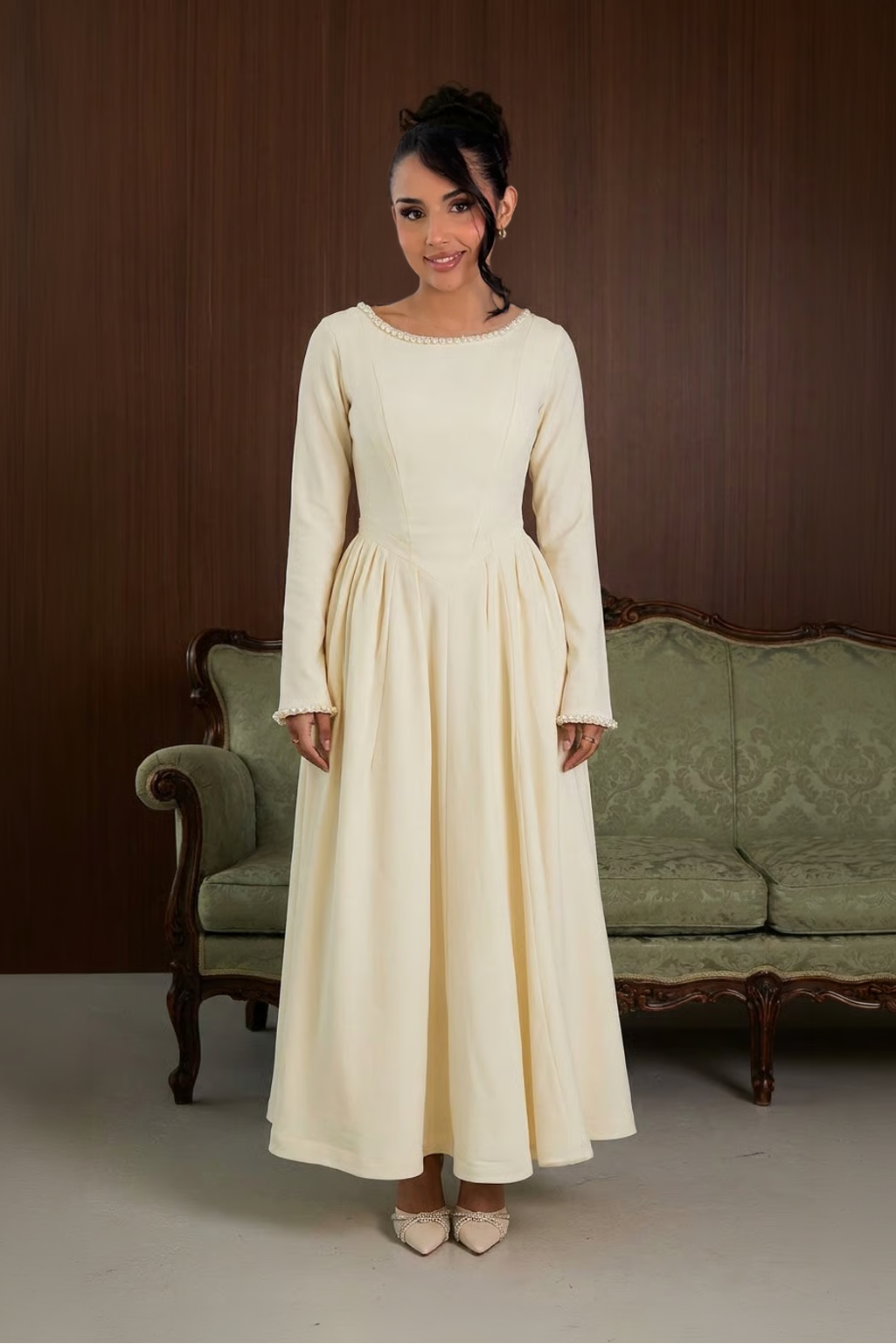Cotton Blend Ball Gown Flared Dress Butter Cream