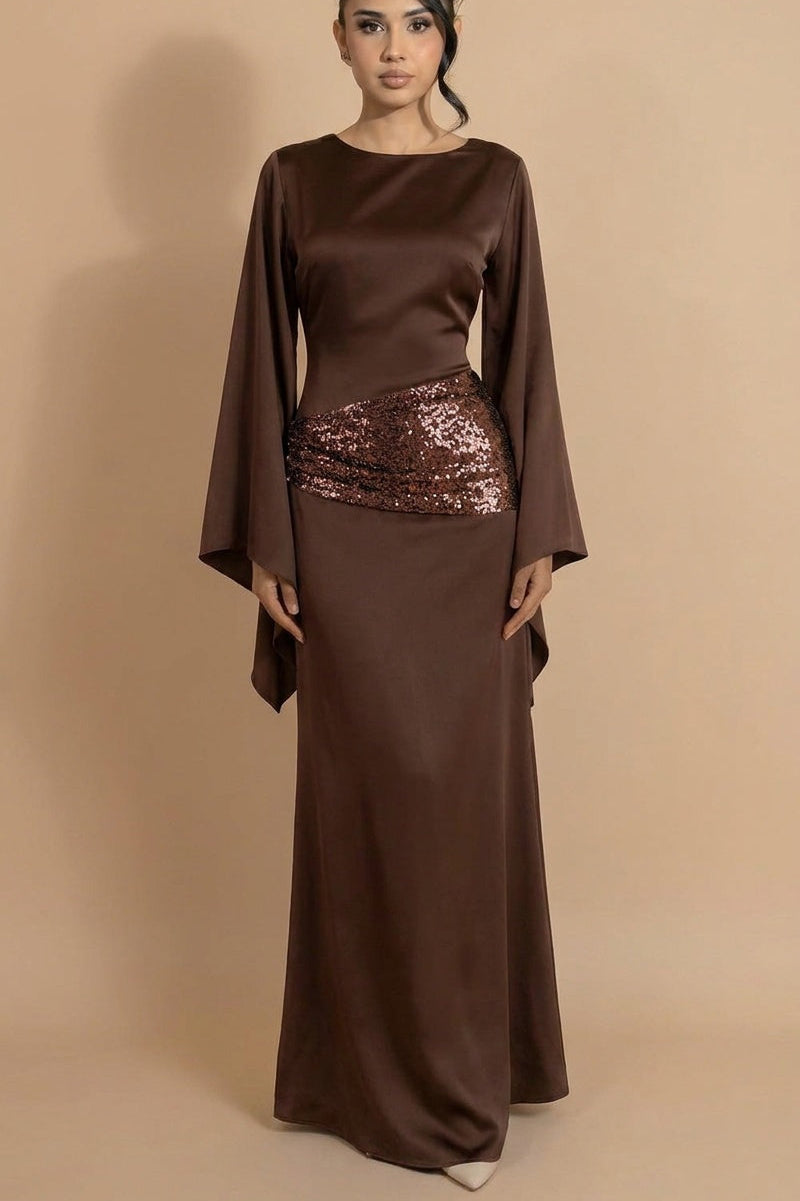 Chocolate Brown Satin Embellished Dress