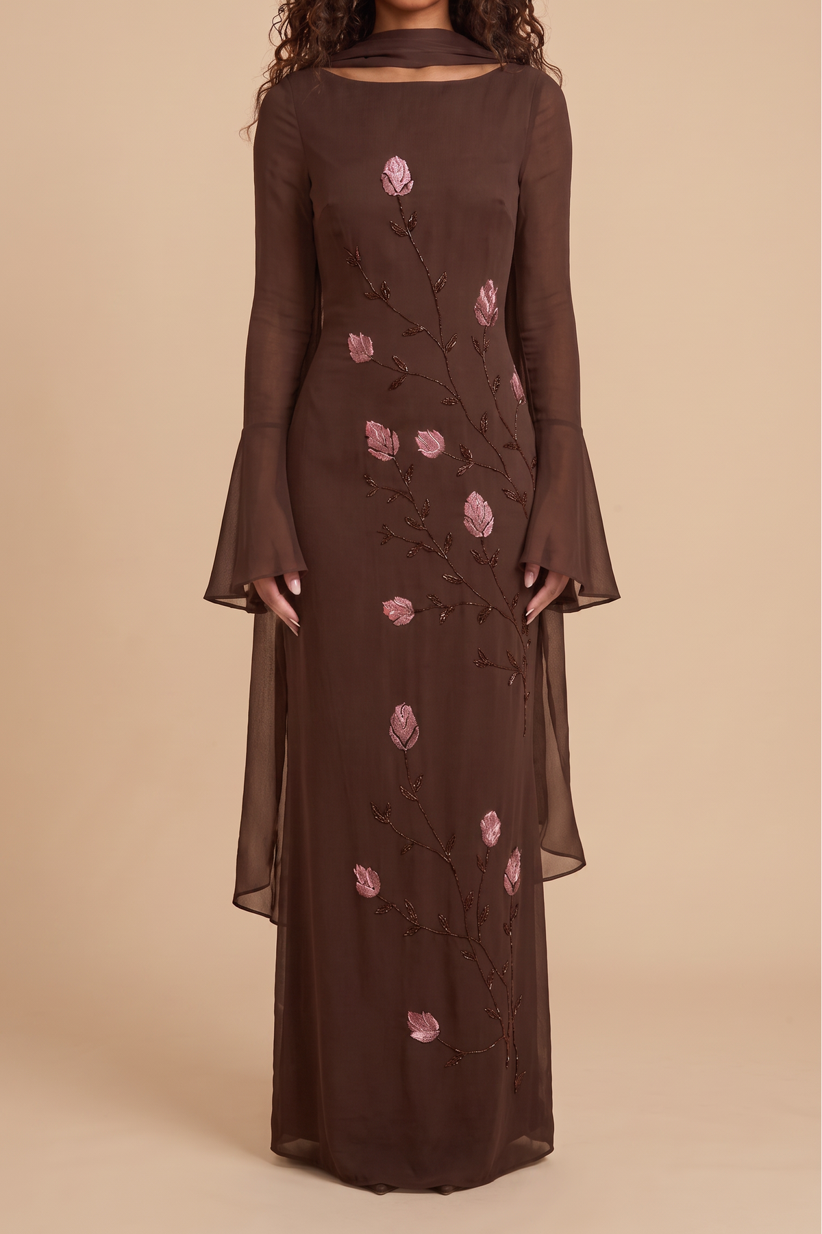 Chocolate Brown Chiffon Beaded Dress