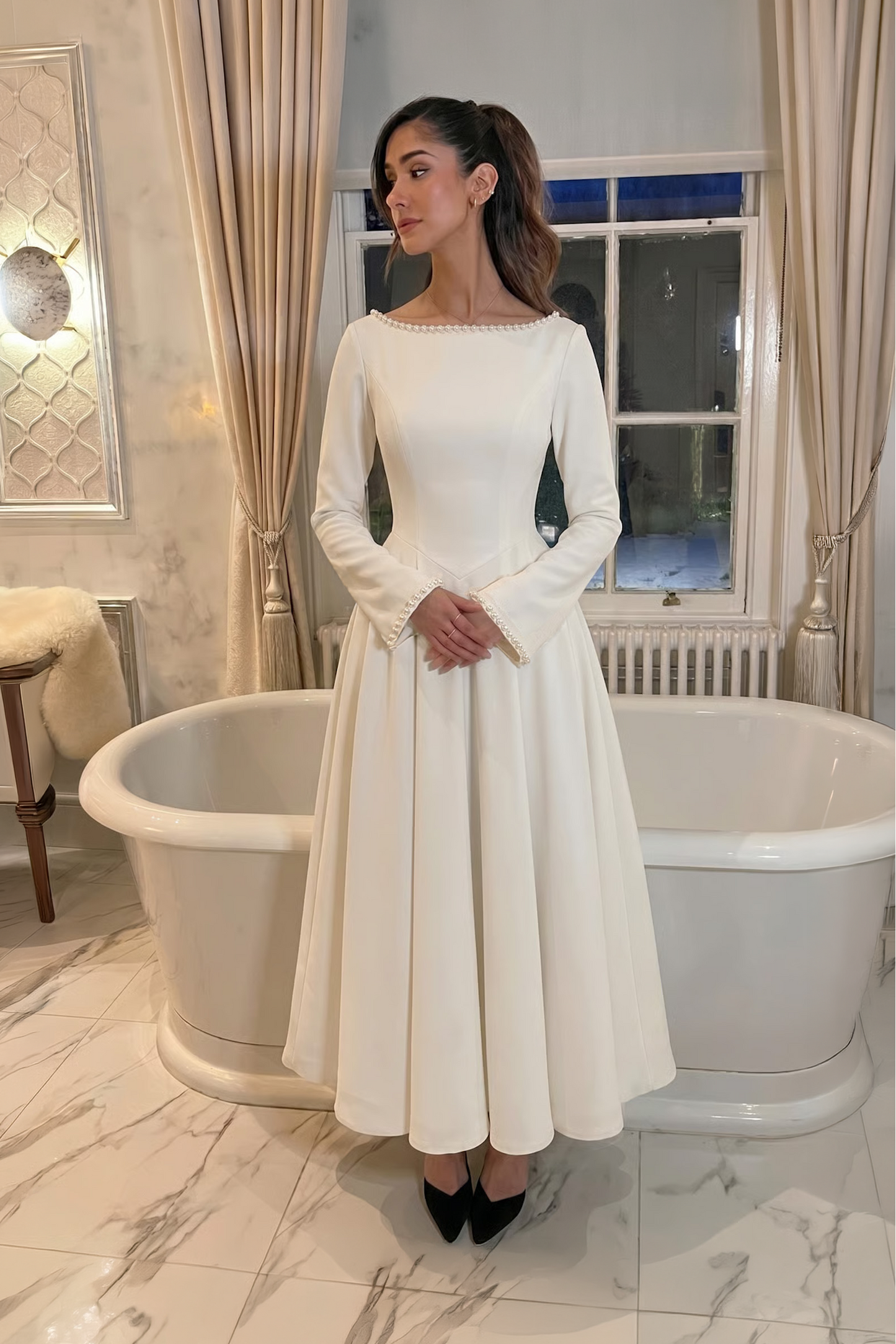 Cotton Blend Ball Gown Flared Dress White