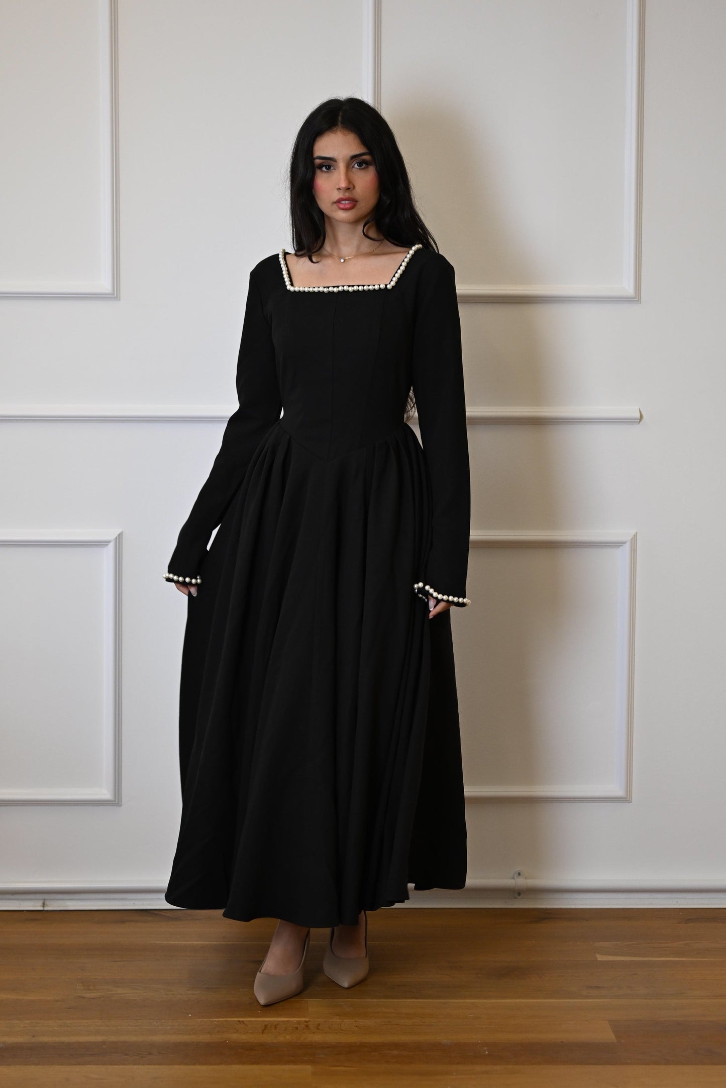 Black pearl dress long sleeves with square neckline