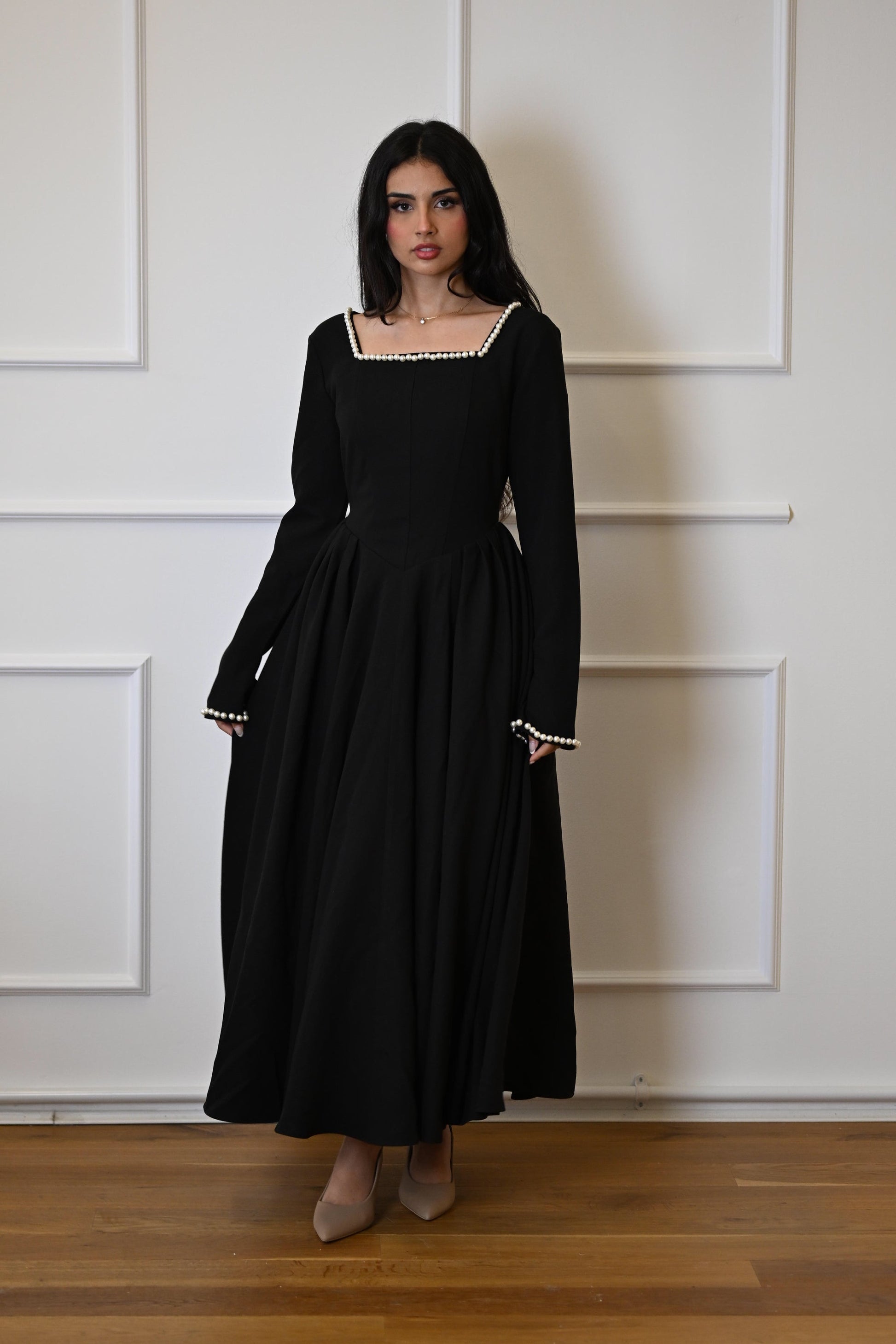 Black pearl dress long sleeves with square neckline