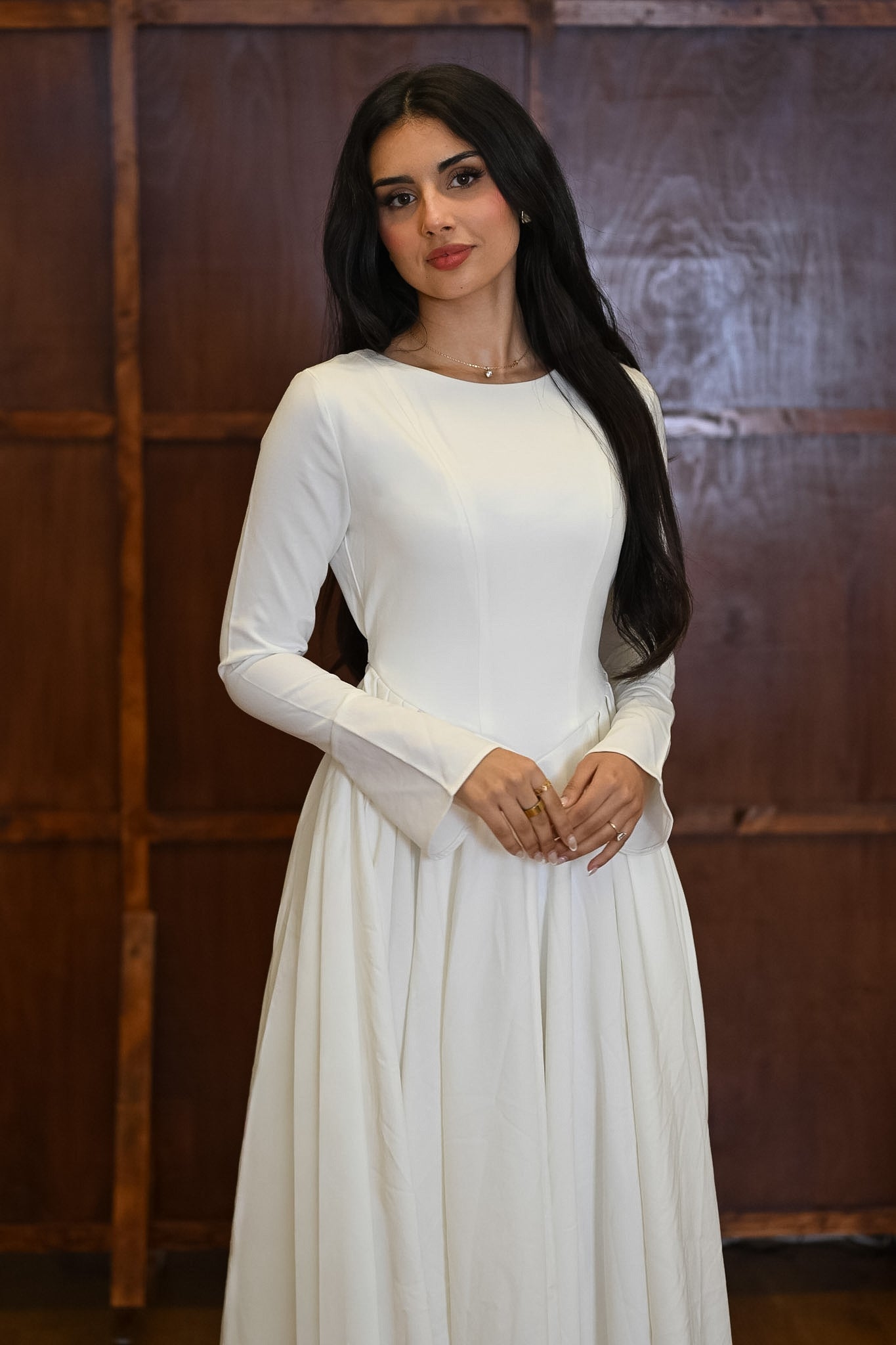 Cotton Blend Flared V Hem Dress White