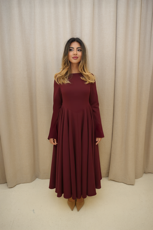 Cotton Blend Flared V Hem Dress Burgandy