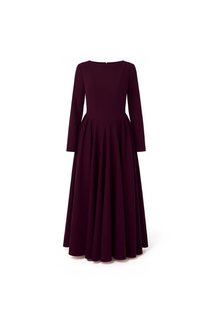 Cotton Blend Flared V Hem Dress Burgandy