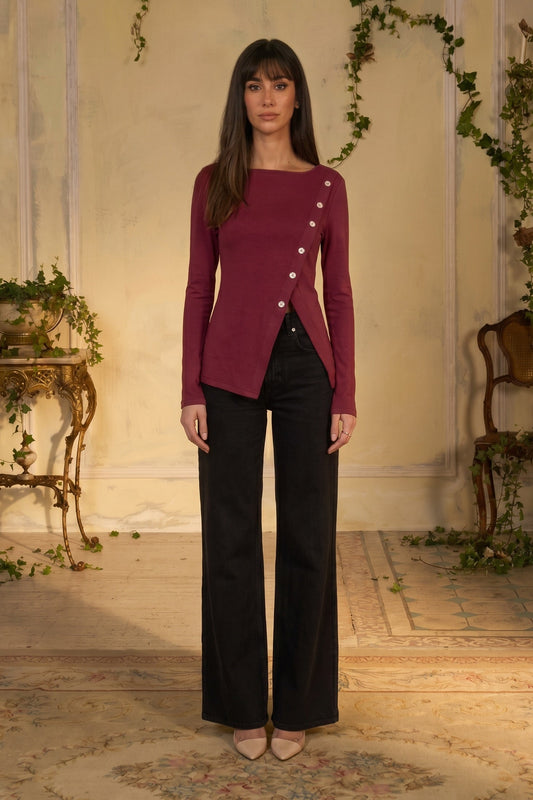 Cotton Split Hem Burgundy Top