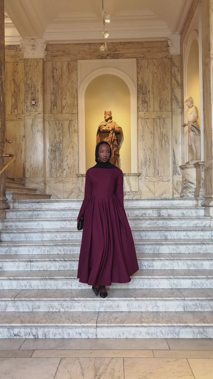 Cotton Blend Flared V Hem Dress Burgandy