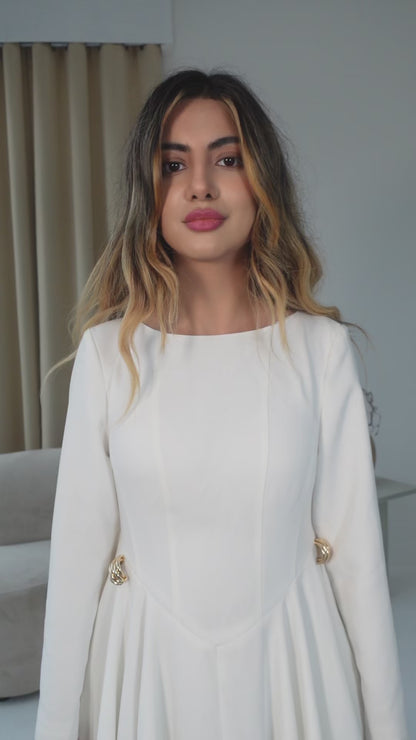 Cotton Blend Flared V Hem Dress White