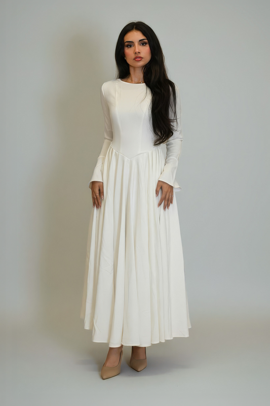 Cotton Blend Flared V Hem Dress White